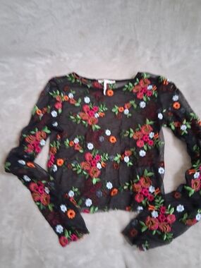 Urban Outfitters Black Sheer Floral-Embroidered Long Sleeve Top
